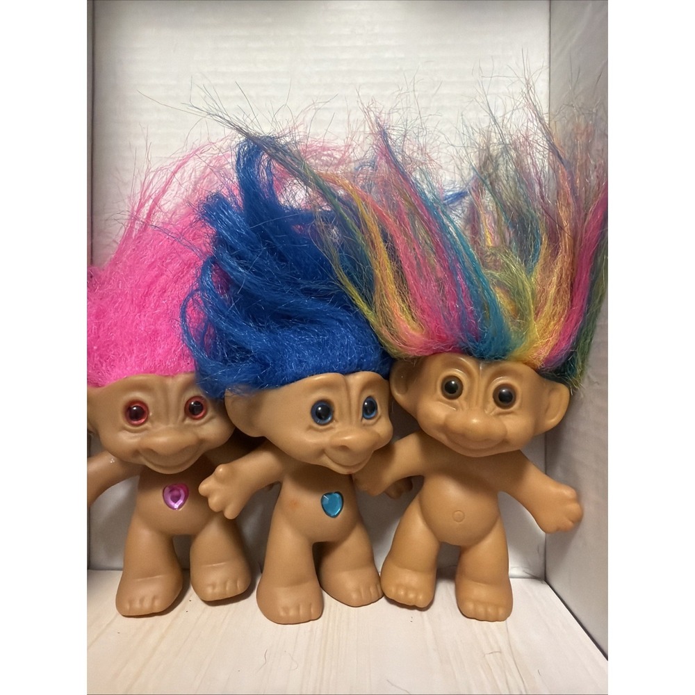 Vintage Ace Novelty Troll Doll Lot 3pc Heart Gem Belly Rainbow Pink Blue Hair